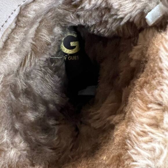 Guess, Tan Suede, Faux Fur Cuff Ankle Boots,6.5m Gold Buckle - Picture 7 of 10